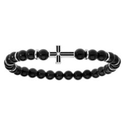 BRACELET ACIER AGATE NOIRE+CROIX TH