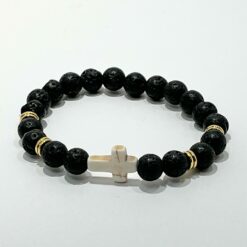 BRACELET PIERRE DE LAVE 8MM + CROIX SUR ELASTIQUE L