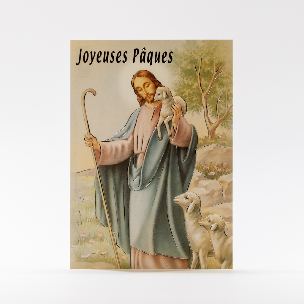 IMAGES RELIGIEUSES - JÉSUS AVEC DES MOUTONS - FIL D'OR DANS LA CARTE -  JOYEUSES PÂQUES 