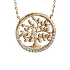 COLLIER PLAQUE OR ARBRE DE VIE OXYDES BLANCS SERTIS 40+5CM T