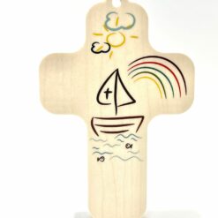 CROIX BOIS BARQUE POISSONS ARC EN CIEL 13X9CM S