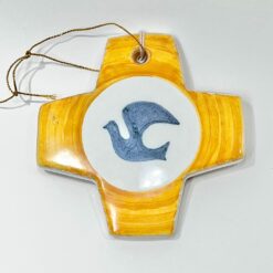 Croix céramique colombe bleu / jaune 10X10CM