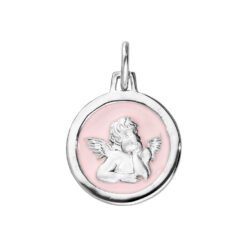 MEDAILLE ARGENT RHODIE ANGE SUR FOND RESINE ROSE PALE 15MM