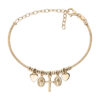 BRACELET ARGENT ET DORURE JAUNE SEMI-RIGIDE PAMPILLES COEUR CROIX ET MIRACULEUSE REGLABLE 022317J