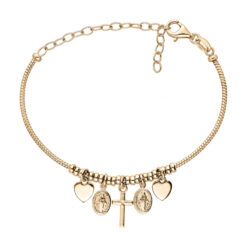 BRACELET ARGENT ET DORURE JAUNE SEMI-RIGIDE PAMPILLES COEUR CROIX ET MIRACULEUSE REGLABLE 022317J