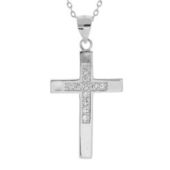 COLLIER ARGENT RHODIE PENDENTIF CROIX OXYDES BLANCS 40+2+2CM 030456