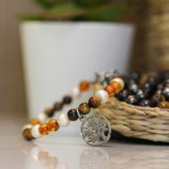 Bracelet STILIVITA en acier  Collection équilibre  PROTECTION  perle  œil de tigre / ambre  arbre de vie   17+4cm