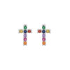 BOUCLES D'OREILLES TIGE ARGENT RHODIE CROIX PIERRES SYNTHETIQUE MULTI COULEURS