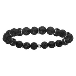 BRACELET ARGENT RHODIE EXTENSIBLE PIERRE DE LAVE NOIRE AVEC RONDELLES