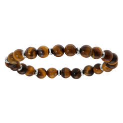 BRACELET EXTENSIBLE BOULE OEIL DE TIGRE AVEC ANNEAUX DIAMANTÉS ARGENT RHODIE