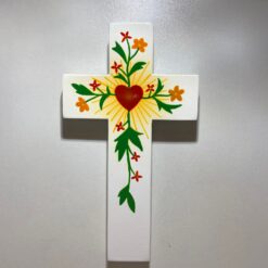 CROIX BOIS BLANC COEUR FLEURS ORANGES