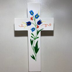 CROIX BOIS BLANC FLEURS BLEUES 14,5CM