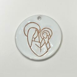 MEDAILLON VIERGE A L'ENFANT ROND TERRE CUITE EMAIL BLANC D8,5CM