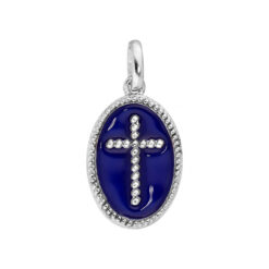 PENDENTIF ARGENT RHODIE OVALE CROIX SUR FOND RESINE BLEU FONCÉ