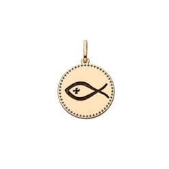 PENDENTIF ARGENT ET DORURE JAUNE MEDAILLE RELIGIEUSE GRAVURE ICHTHUS (POISSON)