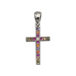 PENDENTIF CROIX ARGENT RHODIE EMPIERREE MULTI COULEUR