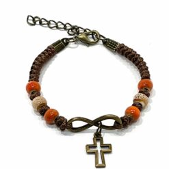 BRACELET EN CORDE MARRON CROIX + COEUR INFINI PERLES ORANGES