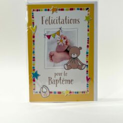 CARTE DOUBLE FELICITATIONS POUR LE BAPTEME PIEDS OURSON
