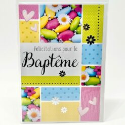 CARTE FELICITATIONS POUR LE BAPTEME DRAGEES COEURS