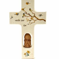 CROIX BOIS + ANGE EN TERRE CUITE JE VEILLE SUR TOI 9X15CM MKR-41TFR516