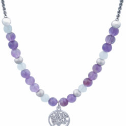 Collier STILIVITA en acier  Collection Médecine naturelle  MIGRAINE & MAUX DE TÊTE améthyste / aigue marine /arbre de vie 42+10cm