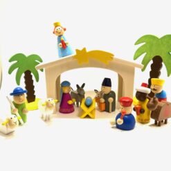 CRECHE EN BOIS PEINT 13 PERSONNAGES 7,5CM + PALMIERS + ETABLE