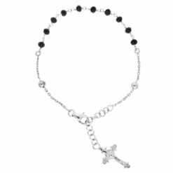 BRACELET ARGENT RHODIÉ CHAPELET PIERRES FACETES NOIRES 16,5+2,5CM