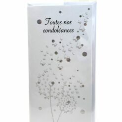 CARTE DOUBLE TOUTES NOS CONDOLEANCES PAPILLONS FLEURS RONDS ARGENTE