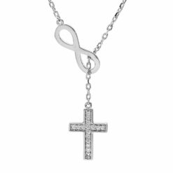 COLLIER ARGENT PLATINÉ INFINI ET CROIX OXYDES BLANCS SERTIS 41+3CM