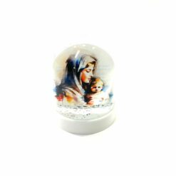 BOULE A NEIGE VIERGE ET L’ENFANT TEXTE VERSO NEIGE PAILLETES ARGENTES