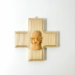 CROIX BOIS AVEC ANGE EN TERRE CUITE 10X10CM