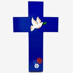CROIX BOIS COLOMBE FLEURS BLEU 9,5X15CM