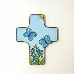 CROIX EN CERAMIQUE PAPILLONS BLEU 10X11,5CM