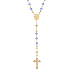 CHAPELET ARGENT ET DORURE JAUNE VERRE FACETE BLEU 50+5CM AVEC FERMOIR