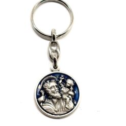 PORTE CLES ST CHRISTOPHE METAL ARGENTE 30MM FOND BLEU PC300CEB