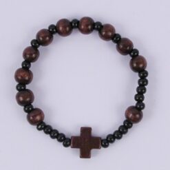 BRACELET DIZAINIER EN BOIS +CROIX MONTE SUR ELASTIQUE