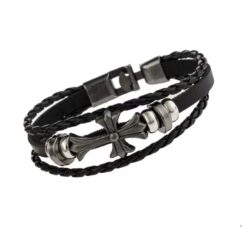 BRACELET EN CUIR + CROIX EN MÉTAL  MARRON FONCÉ