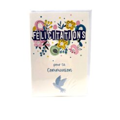 CARTE DOUBLE FELICITATIONS POUR TA COMMUNION FLEURS COLOMBE + ENVELOPPE