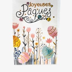 CARTE DOUBLE JOYEUSES PAQUES FLEURS OEUFS + ENVELOPPE