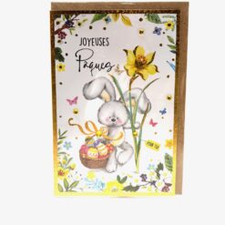 CARTE DOUBLE JOYEUSES PAQUES LAPIN/ OEUFS + ENVELOPPE