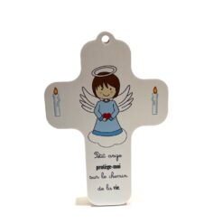 CROIX BOIS BLANC PETIT ANGE BLEU 13,5X9CM