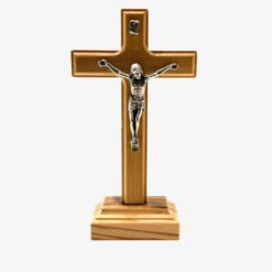 CROIX BOIS D'OLIVIER SUR PIED CHRIST METAL 7,5X14CM
