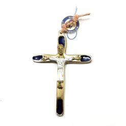 CROIX BRONZE CHRIST EMAIL BLEU/BLANC 10X7CM