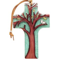 CROIX EN VERRE  ARBRE DE VIE  OISEAU 8X12CM