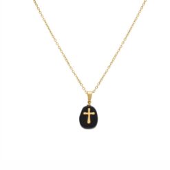 COLLIER ACIER DORÉ PENDENTIF AGATE NOIRE VÉRITABLE AVEC CROIX 40+6CM