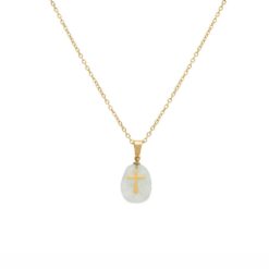 COLLIER ACIER DORÉ PENDENTIF AVENTURINE VÉRITABLE AVEC CROIX 40+6CM