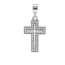 PENDENTIF ARGENT PLATINÉ CROIX AVEC OXYDES BLANCS 17 X 16MM