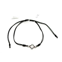 BRACELET COULISSANT CROIX EN ARGENT CORDON NOIR